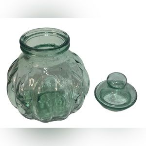 Aqua Green Glass Pumpkin Apothecary Jar Vintage Canister & Lid Italy 13” Decor